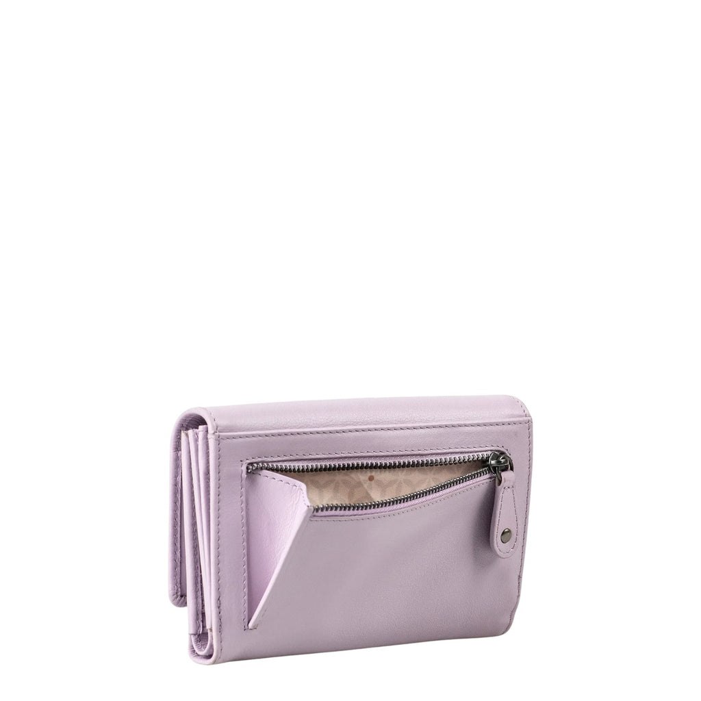 Lieblingstasche Thyme lavender leather wallet with a back zippered pocket and patterned interior lining