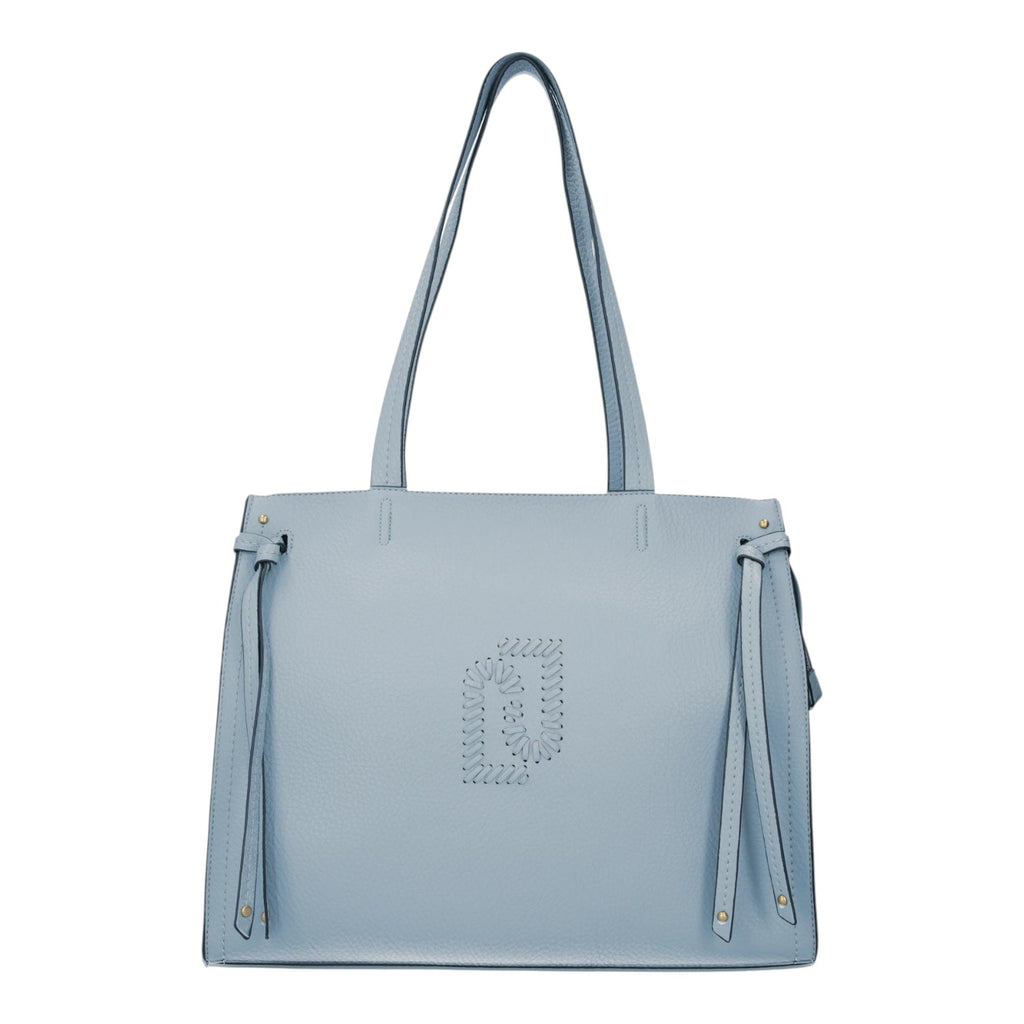 Lieblingstasche Tote L in light blue pebbled leather with side tie details and a decorative perforated logo design.