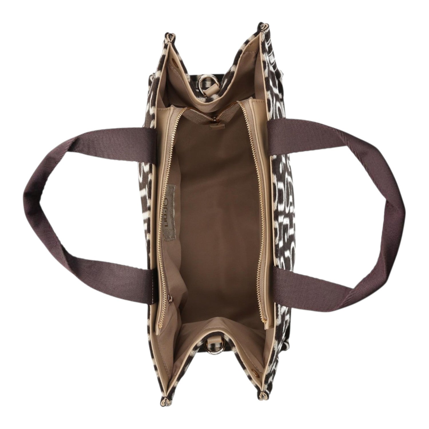 Lieblingstasche Tote Logo Allover L bag top view showing beige and black patterned exterior and spacious interior