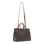 Lieblingstasche Tote M handbag in brown monogram print with braided tan handles and adjustable shoulder strap