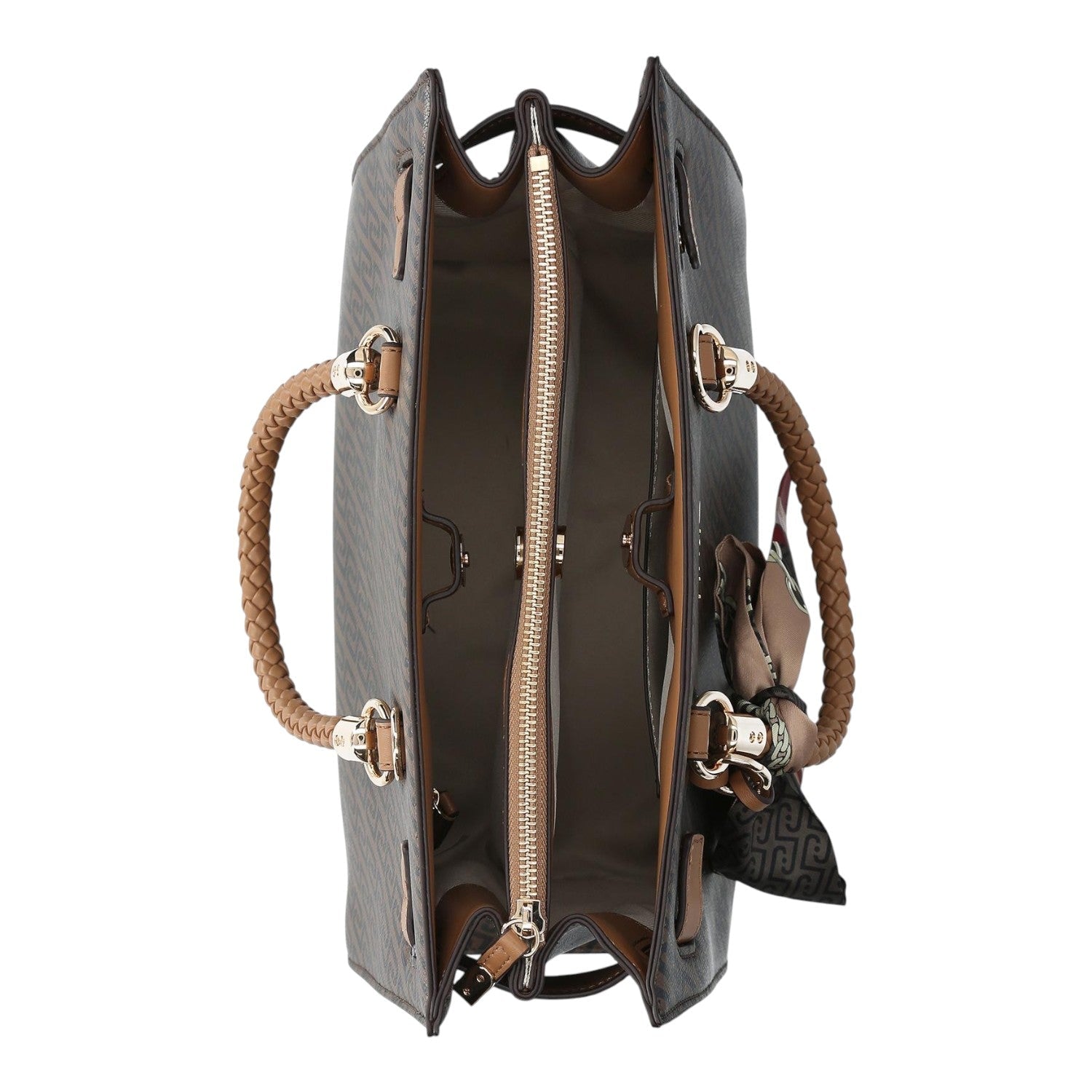 Lieblingstasche Tote M handbag in brown with monogram pattern, braided handles, and a decorative silk scarf