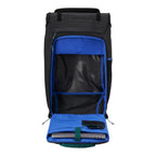 Lieblingstasche Trip Pack black backpack with open main compartment, bright blue interior lining, and laptop sleeve.