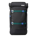 Lieblingstasche Trip Pack black backpack with green and blue strap accents and roll-top closure