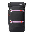 Lieblingstasche Trip Pack black backpack with roll-top closure and contrasting purple and orange strap details.