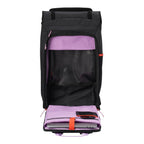 Lieblingstasche Trip Pack black travel backpack with open main compartment, purple lining, and laptop sleeve.