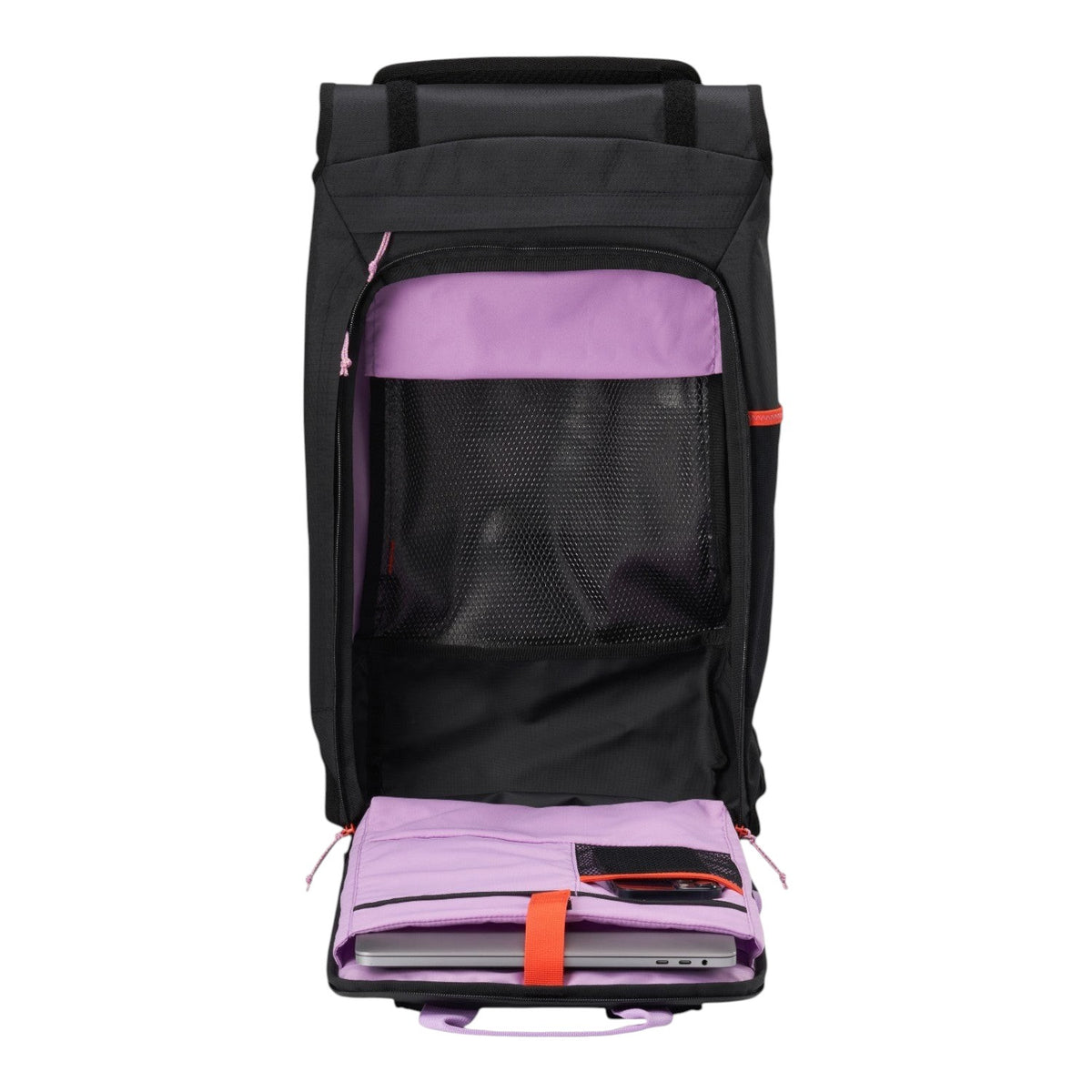Lieblingstasche Trip Pack black travel backpack with open main compartment, purple lining, and laptop sleeve.