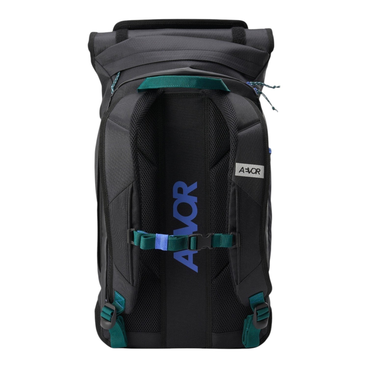 Lieblingstasche Trip Pack black backpack with ergonomic mesh back panel, teal straps, and blue logo detailing