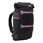 Lieblingstasche Trip Pack black roll-top backpack with purple straps and pink accents on a white background