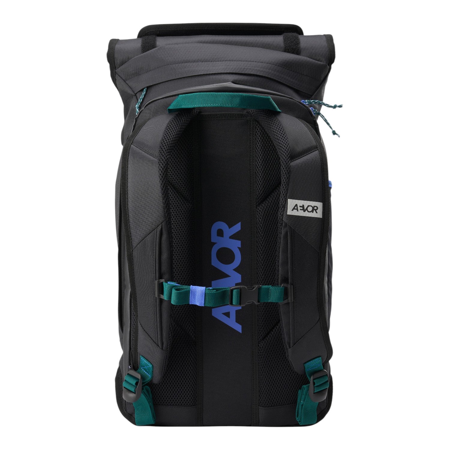 Lieblingstasche Trip Pack black backpack with ergonomic mesh back panel, teal straps, and blue logo detailing