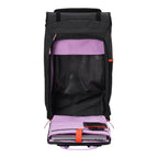 Lieblingstasche Trip Pack black travel backpack with open main compartment, purple lining, and laptop sleeve.