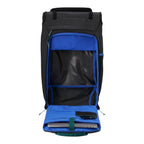 Lieblingstasche Trip Pack black backpack with open main compartment, bright blue interior lining, and laptop sleeve.