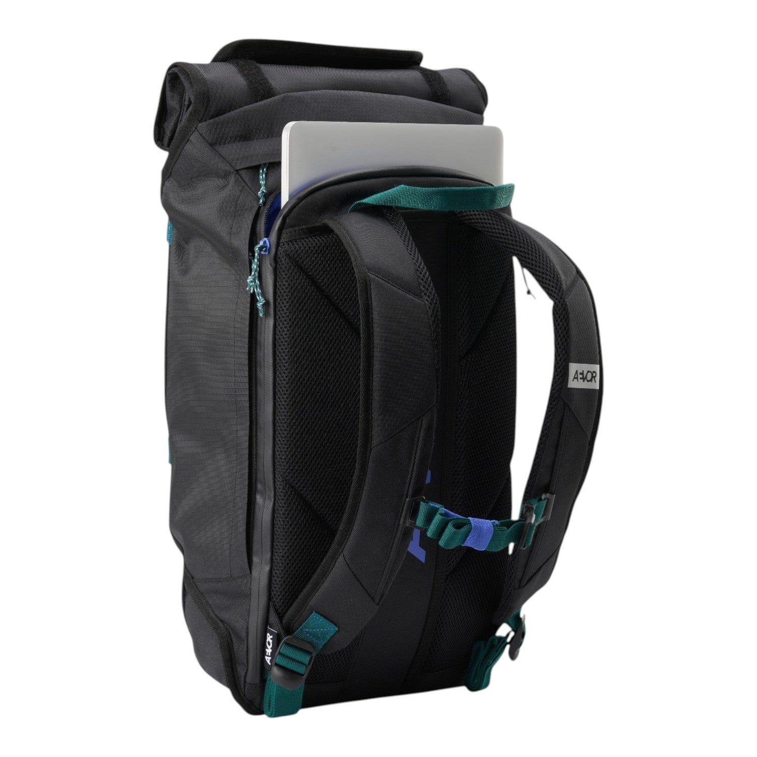 Lieblingstasche Trip Pack black backpack with laptop compartment, padded shoulder straps, and teal accents