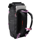 Lieblingstasche Trip Pack black roll-top backpack with laptop compartment, pink accents, and padded shoulder straps.