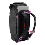 Lieblingstasche Trip Pack black roll-top backpack with laptop compartment, pink accents, and padded shoulder straps.