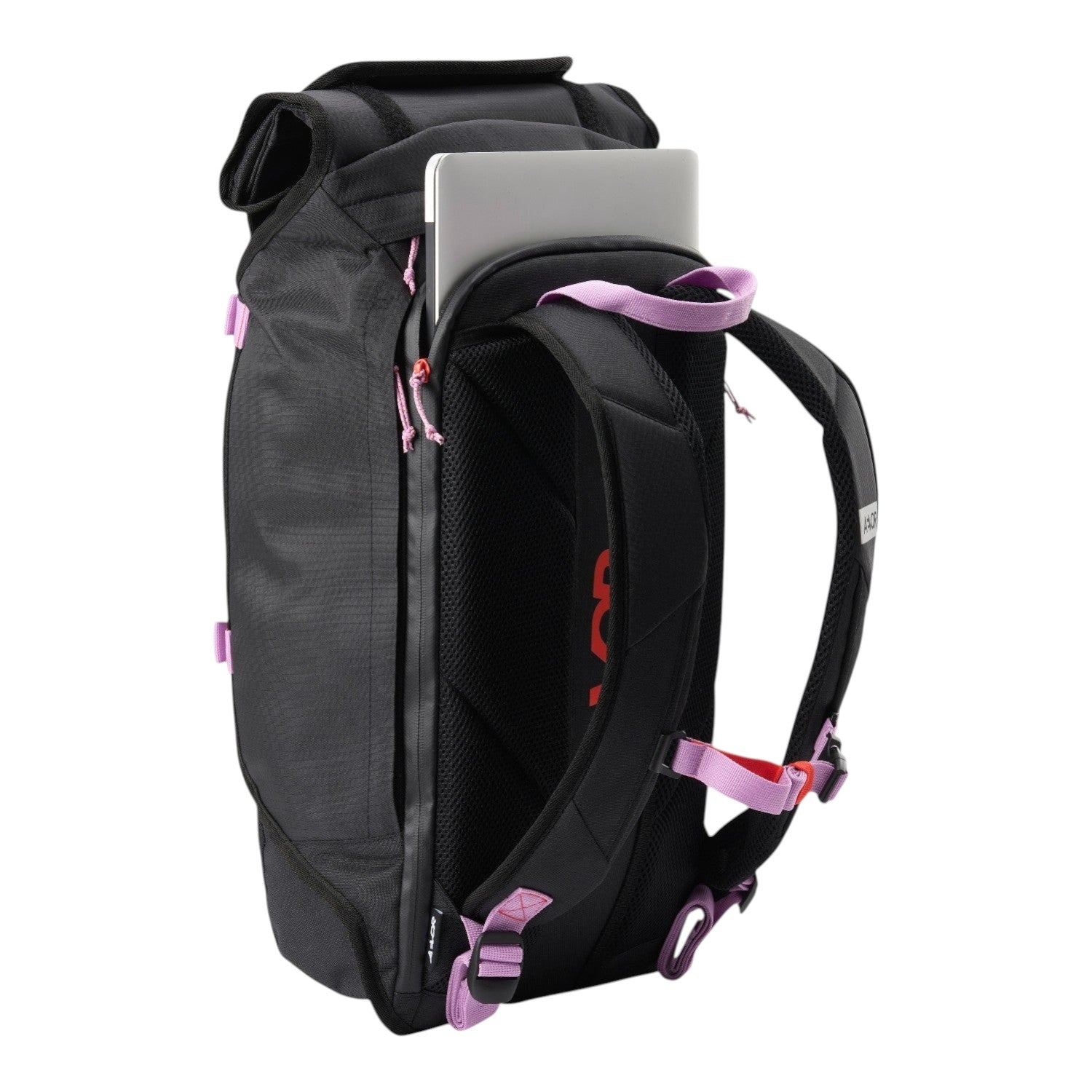 Lieblingstasche Trip Pack black roll-top backpack with laptop compartment, pink accents, and padded shoulder straps.