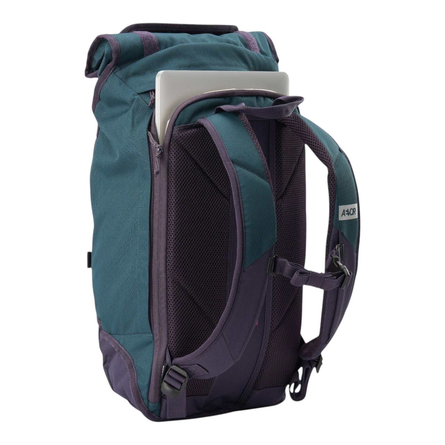 Lieblingstasche Trip Pack teal and purple roll-top backpack with laptop compartment and padded mesh back panel