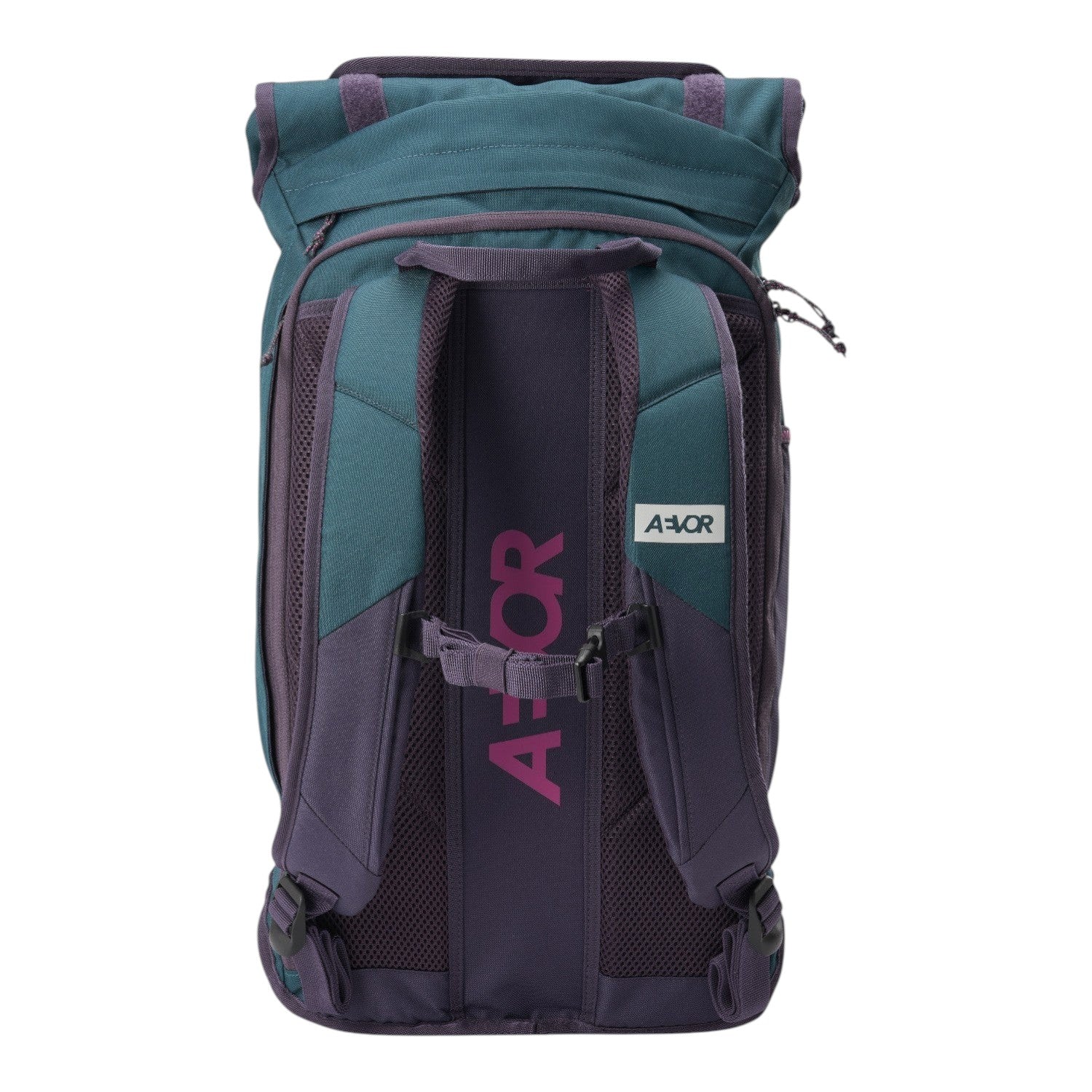 Lieblingstasche Trip Pack backpack in teal and purple with padded mesh back panel and adjustable chest strap
