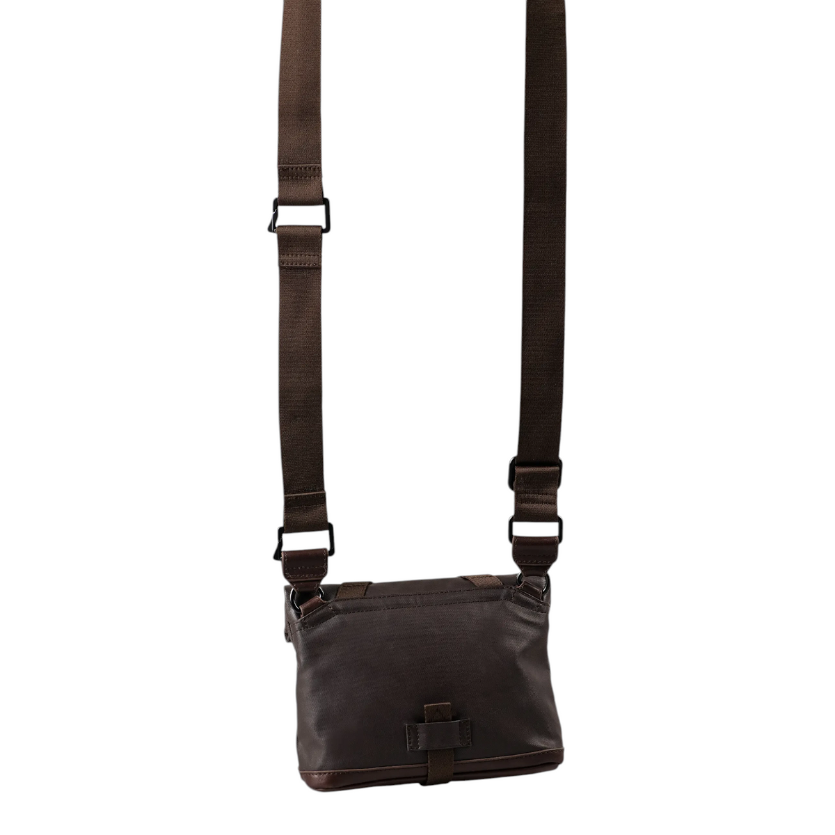 Lieblingstasche Tsu dark brown leather crossbody bag with an adjustable fabric strap against a white background