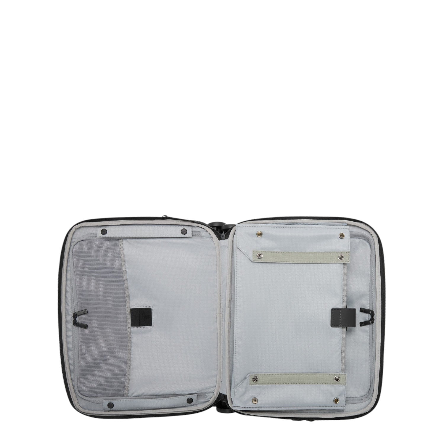 Interior view of Lieblingstasche Tumi Alpha DLX laptop wheeled brief showing grey lining and organizational pockets