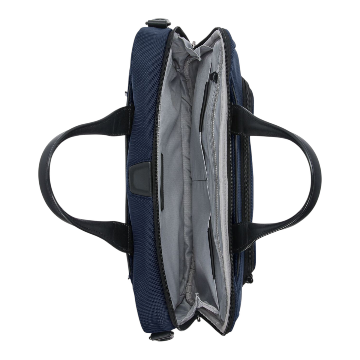 Lieblingstasche Tumi Alpha medium 15-inch expandable navy blue briefcase with open interior and black leather handles