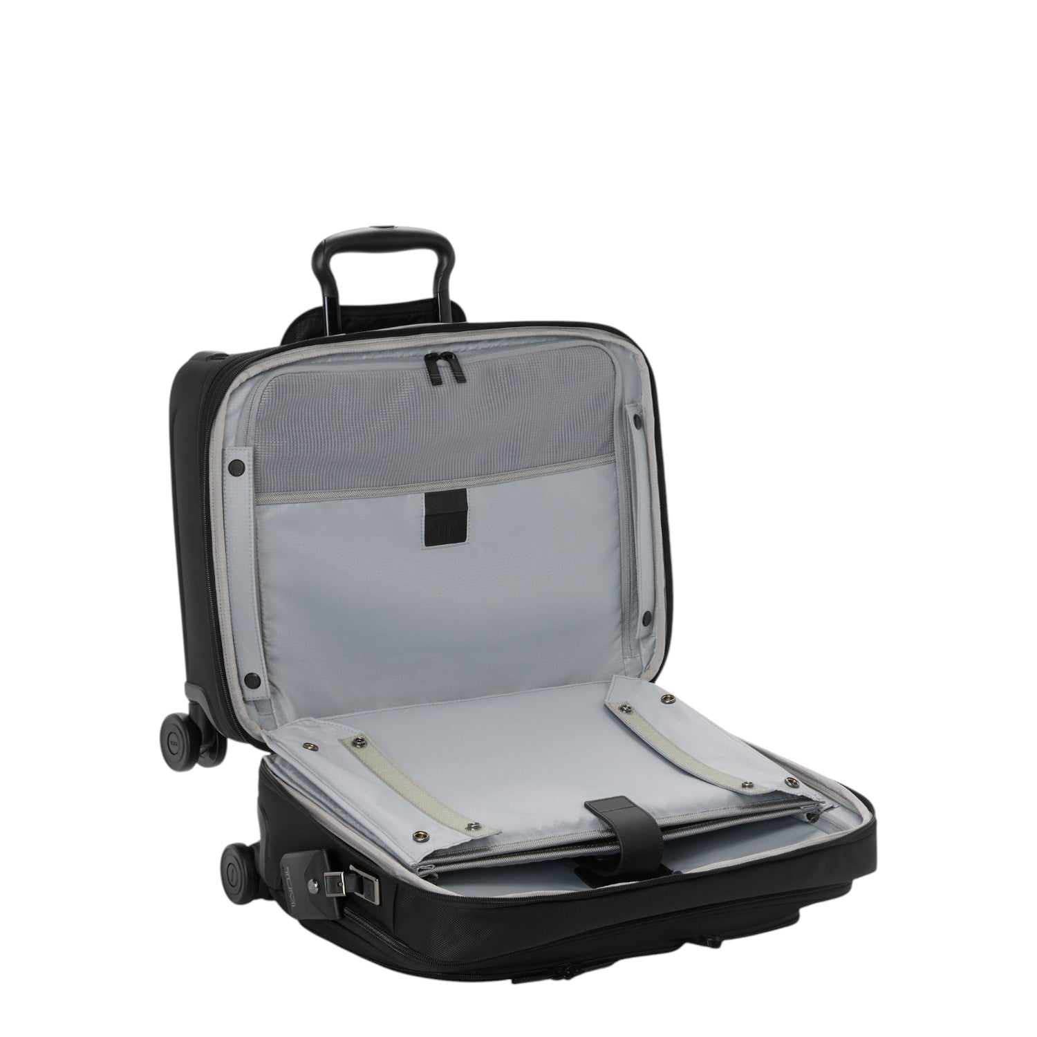 Lieblingstasche Tumi Alpha DLX wheeled laptop brief in black with open interior featuring grey lining and compartments