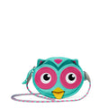 Lieblingstasche turquoise owl-shaped children's purse with pink eyes and a patterned shoulder strap