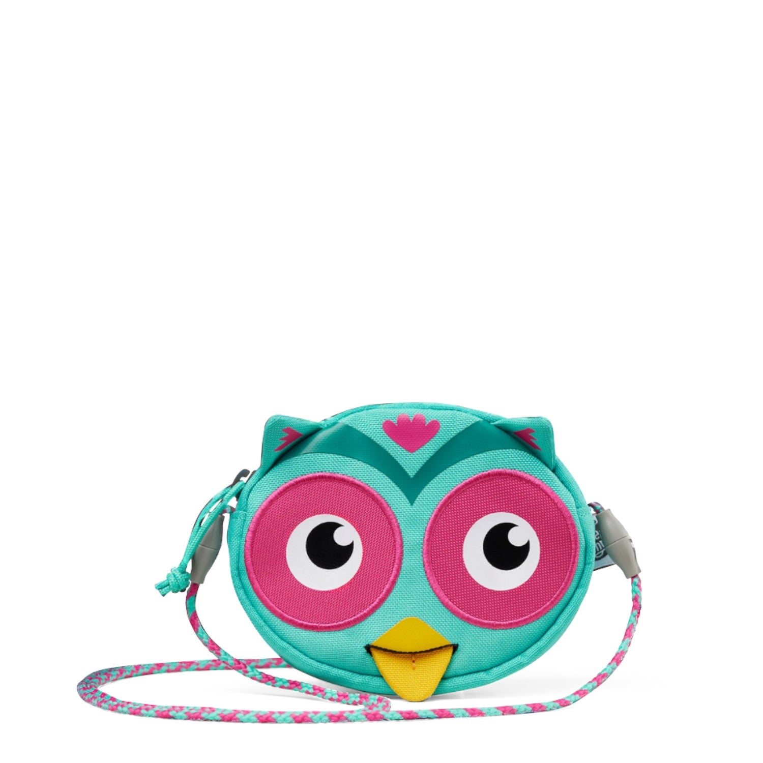 Lieblingstasche turquoise owl-shaped children's purse with pink eyes and a patterned shoulder strap