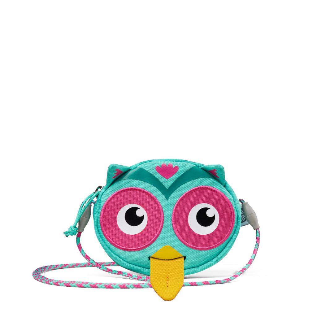 Lieblingstasche turquoise owl-shaped children's purse with pink eyes and a yellow tongue, featuring a patterned cord strap.