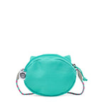 Lieblingstasche turquoise round children's wallet with cat ears and a colorful braided neck strap.