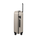 Lieblingstasche UPGRADE 4w Trolley M+ in beige with a side view showing the TSA lock and retractable handle