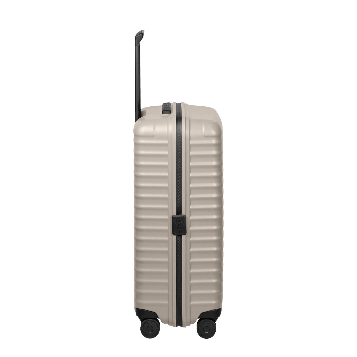 Lieblingstasche UPGRADE 4w Trolley M+ in beige with a hard shell, black trim, and retractable handle, side view.