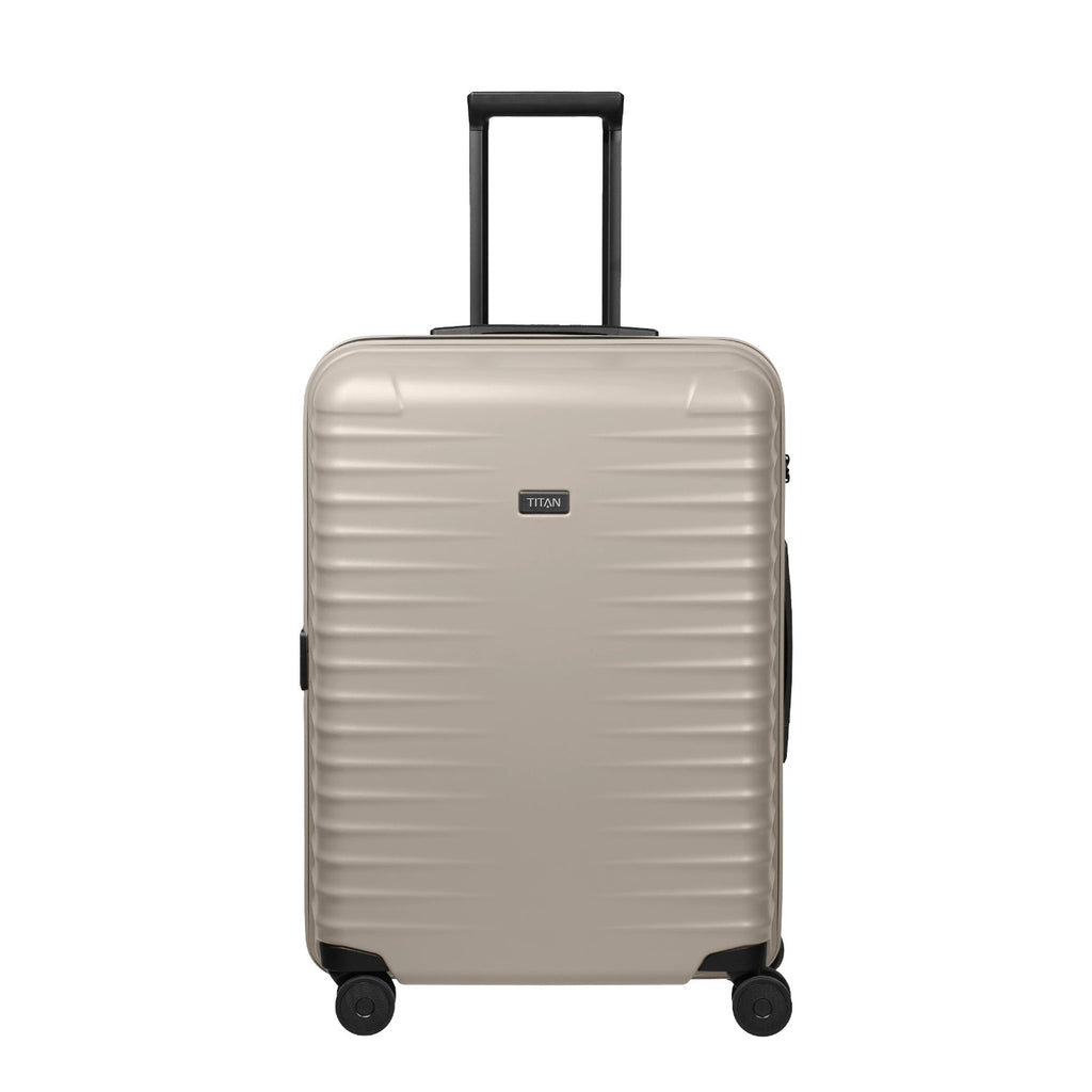 Lieblingstasche UPGRADE 4w Trolley M+ in beige with a hard shell, telescopic handle, and four spinner wheels.