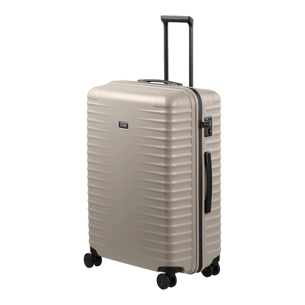 Lieblingstasche UPGRADE 4w Trolley L in champagne with a hard shell, telescopic handle, and four spinner wheels.