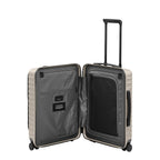 Lieblingstasche UPGRADE 4w Trolley S VT open suitcase with grey interior lining, mesh dividers, and telescopic handle.