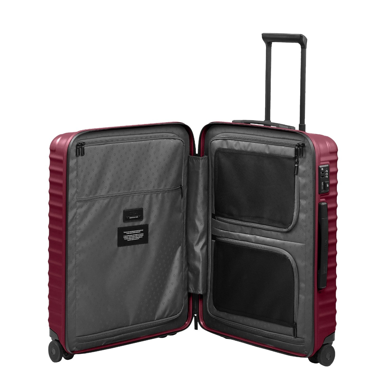 Lieblingstasche UPGRADE 4w Trolley M in dark red, shown open to reveal grey interior compartments and mesh pockets.