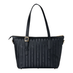 Lieblingstasche Vallon small black shopper bag with striped pattern, gold hardware, and top zip closure.