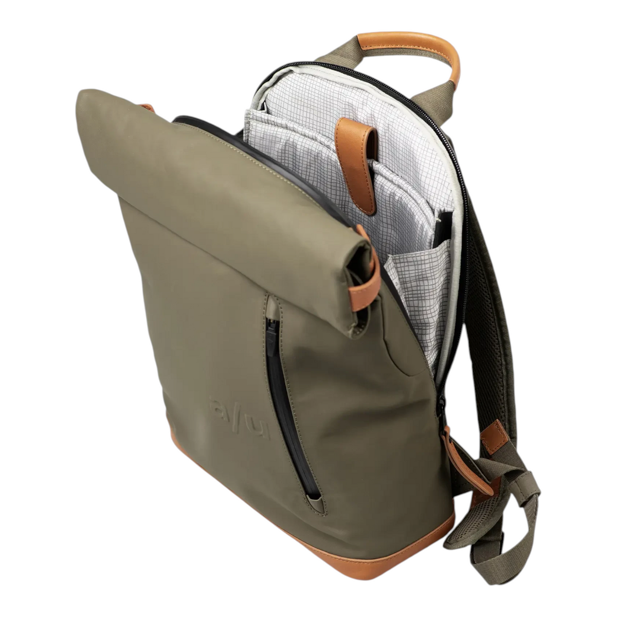 Lieblingstasche Wakayama olive green rolltop backpack with tan leather accents and interior laptop compartment
