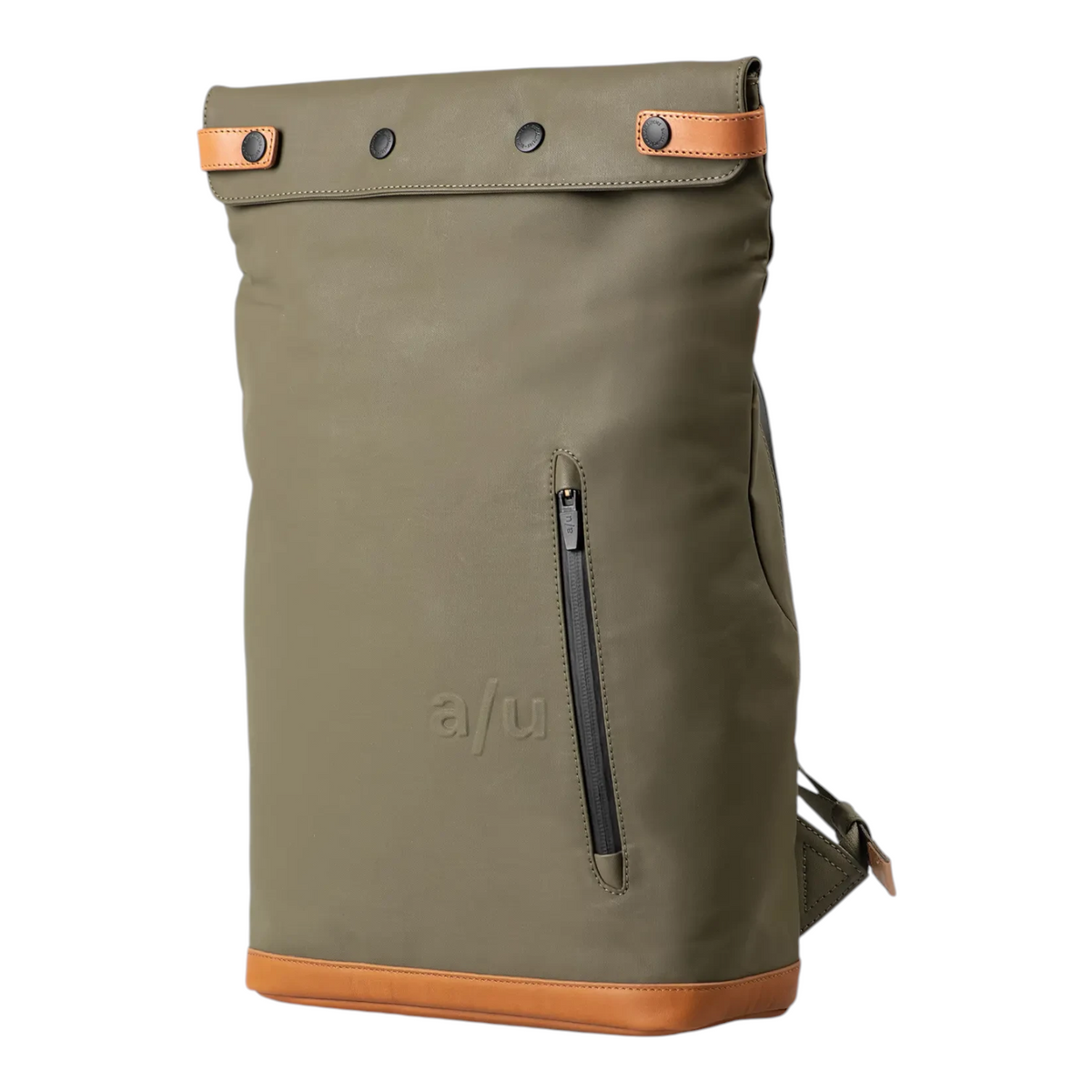 Lieblingstasche Wakayama olive green rolltop backpack with tan leather accents and front zipper pocket