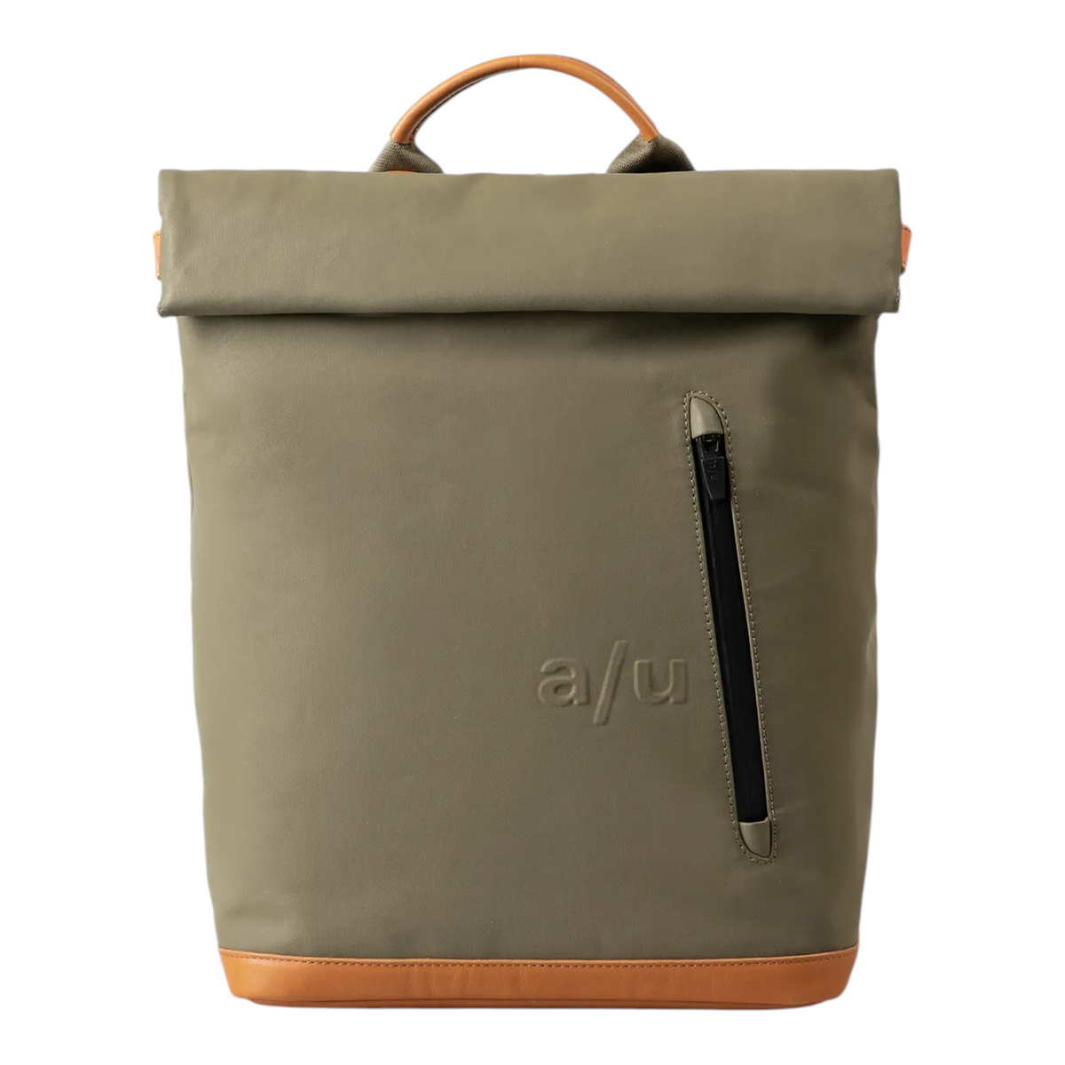 Lieblingstasche Wakayama olive green rolltop backpack with tan leather base and handle, featuring a front zip pocket.