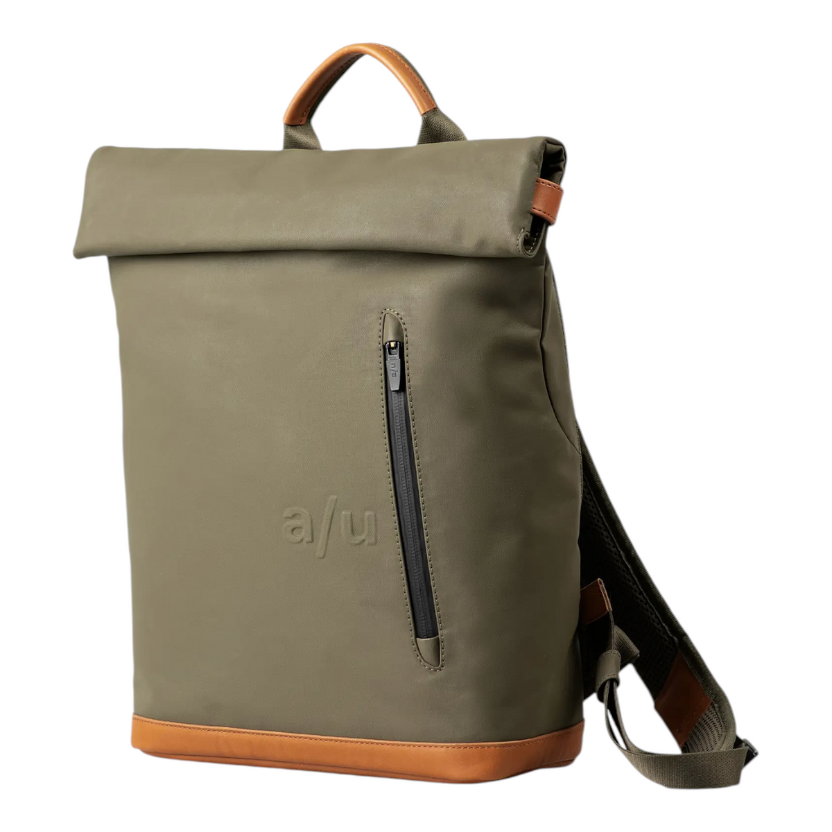 Lieblingstasche Wakayama olive green rolltop backpack with brown leather accents and front zipper pocket