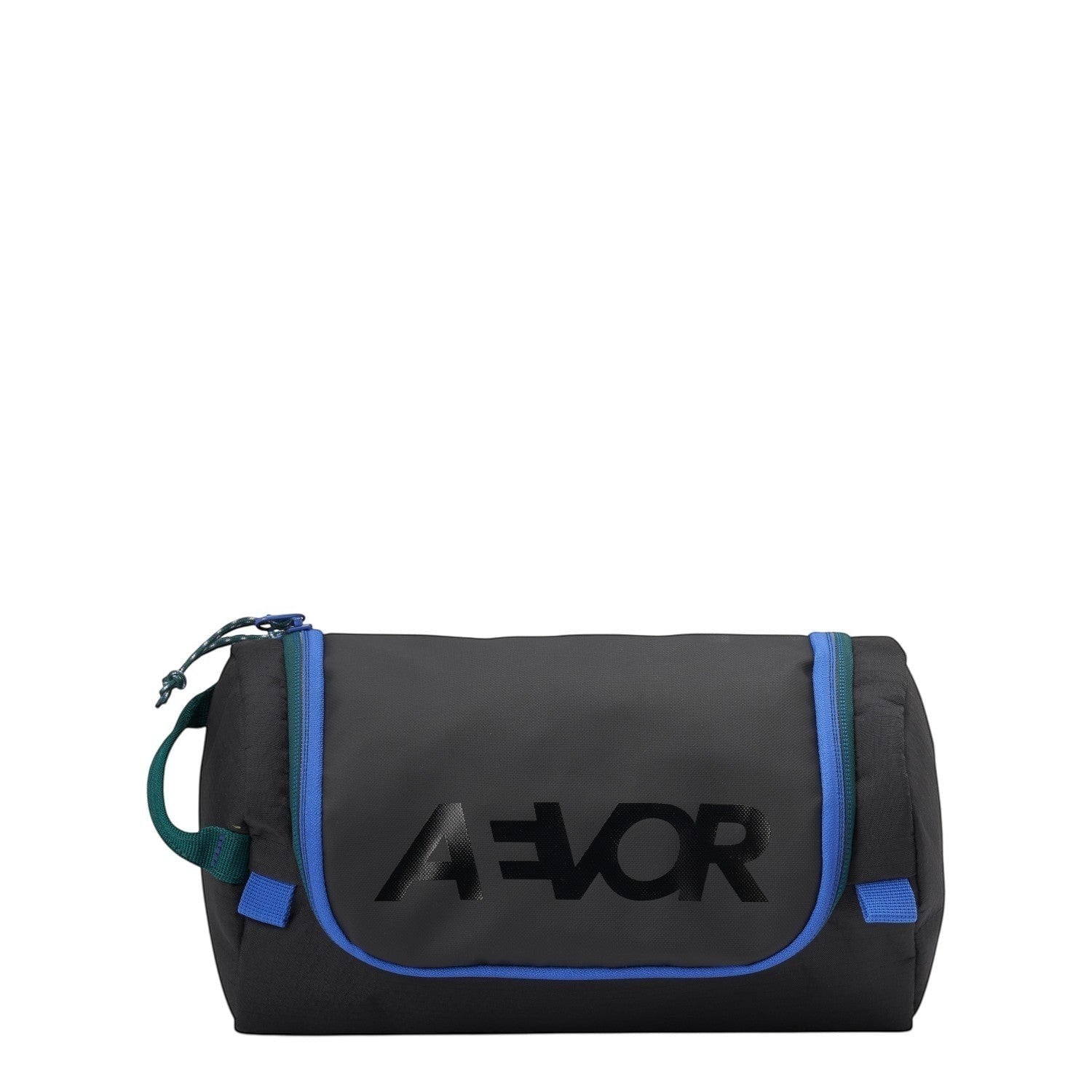 Lieblingstasche Wash Pack in black with blue and green accents, featuring a durable fabric and AEVOR logo print.