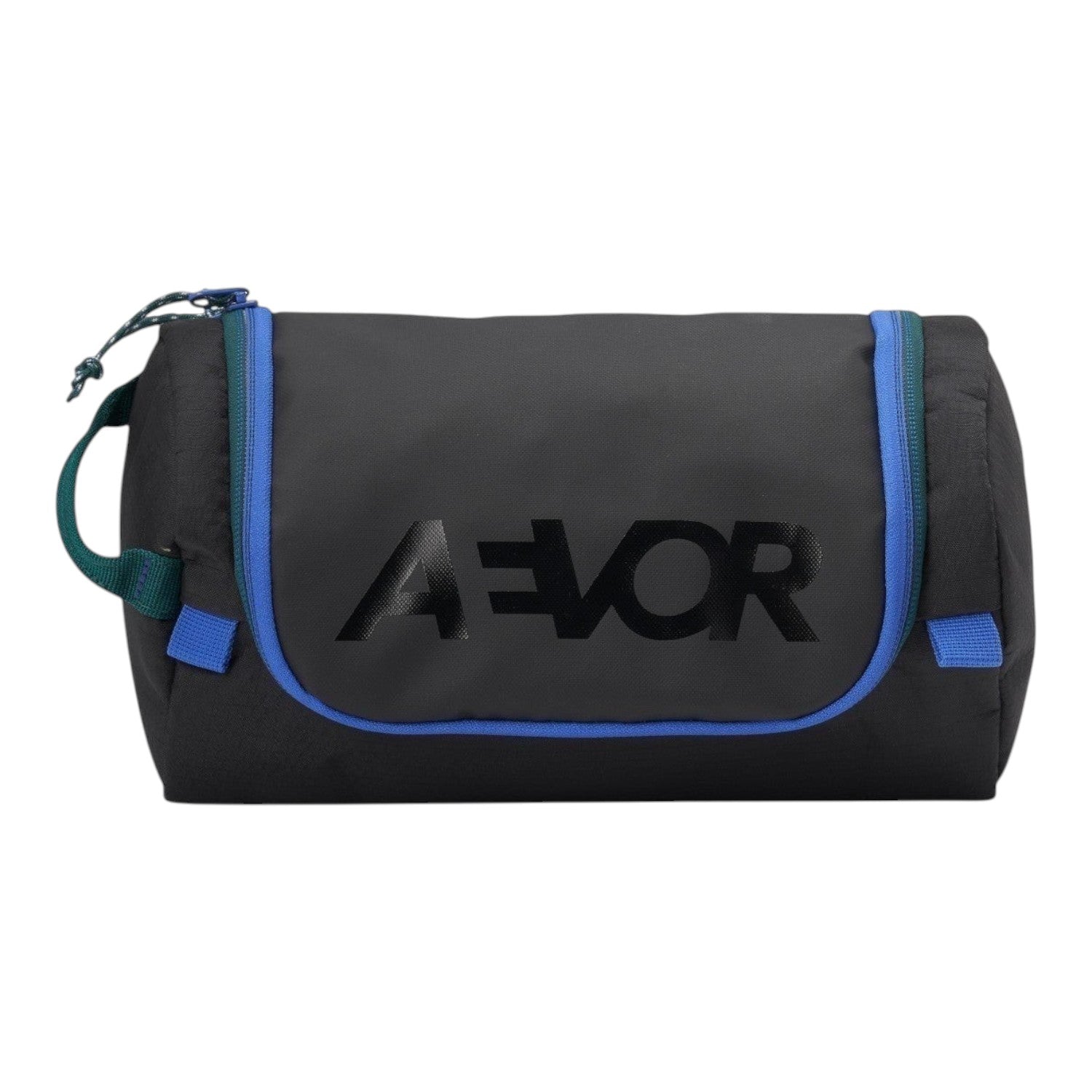 Lieblingstasche Wash Pack in black with blue and green accents, featuring a durable fabric and AEVOR logo print.