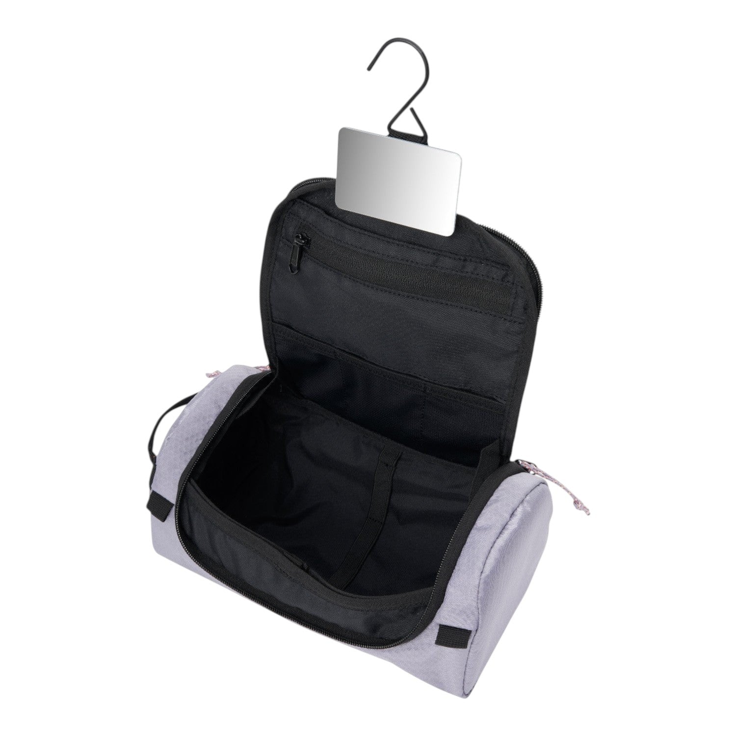 Lieblingstasche Wash Pack in light grey with an open main compartment, internal pockets, and a hanging hook with mirror