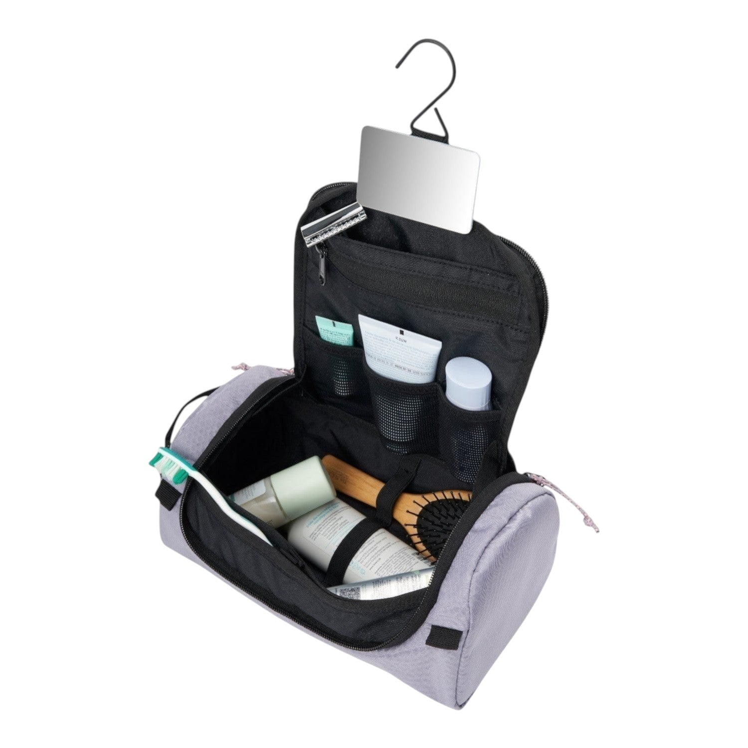 Lieblingstasche Wash Pack hanging toiletry bag in grey with integrated mirror, mesh pockets, and travel accessories