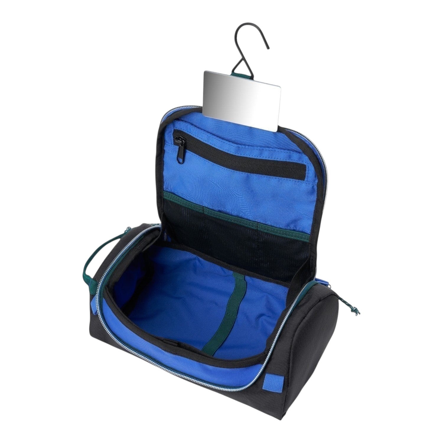 Lieblingstasche Wash Pack open toiletry bag in black and blue with an integrated hanging hook and mirror