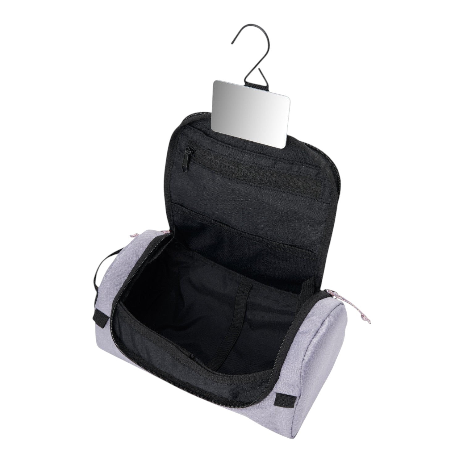 Lieblingstasche Wash Pack toiletry bag in light grey with hanging hook, integrated mirror, and organized compartments.
