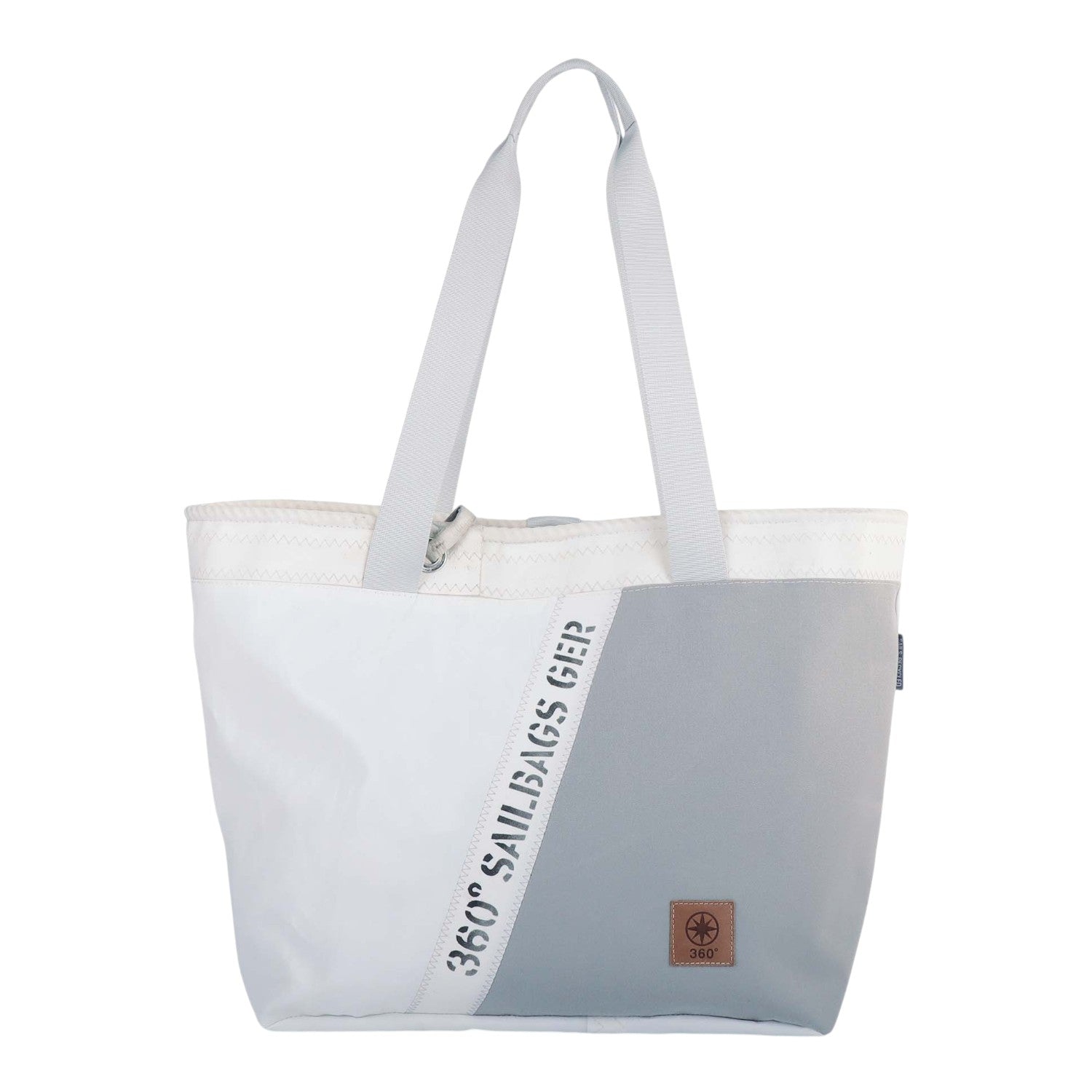 Lieblingstasche white and grey tote bag made from sailcloth with diagonal color block and text detail.
