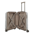 Lieblingstasche Lascana Edition 4W Trolley S, white patterned hard shell suitcase with beige interior and cross straps.