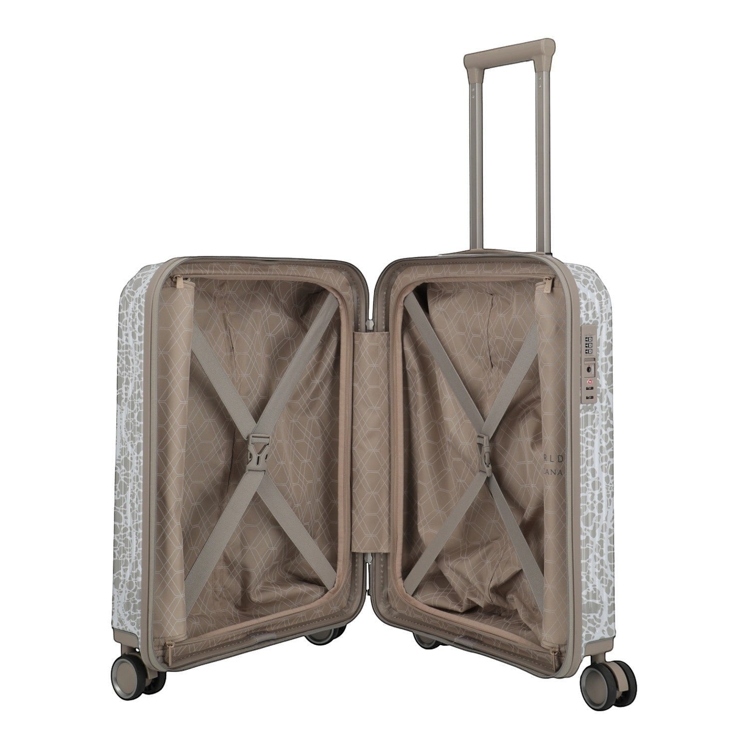 Lieblingstasche Lascana Edition 4W Trolley S, white patterned hard shell suitcase with beige interior and cross straps.