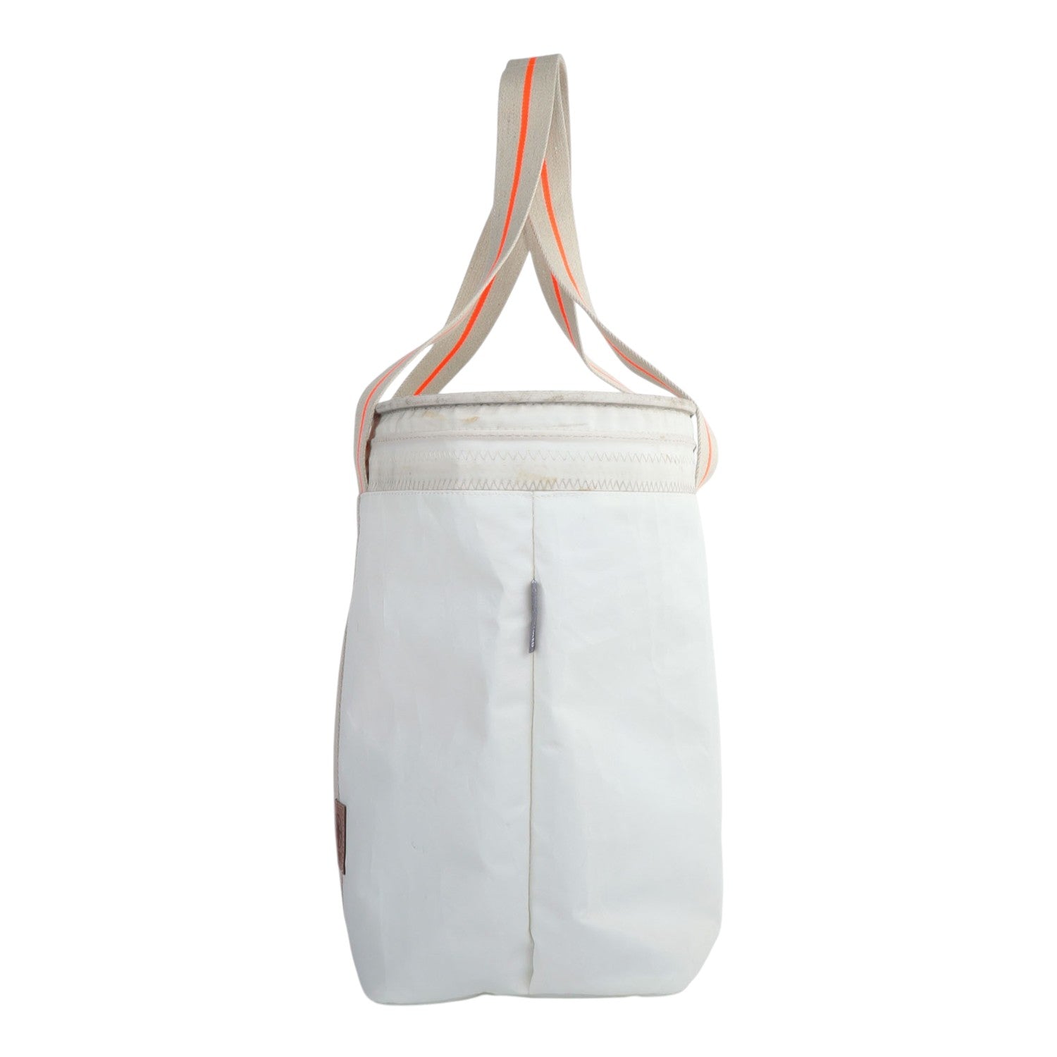 Lieblingstasche white tote bag with orange striped beige straps and a zippered top.